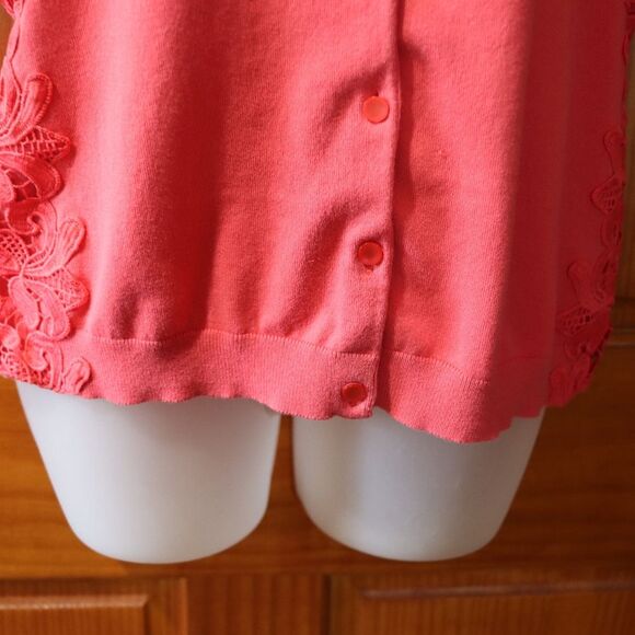 Talbots Coral Pink Floral Applique Cardigan Sweater Y2K Layering Large - Picture 6 of 12